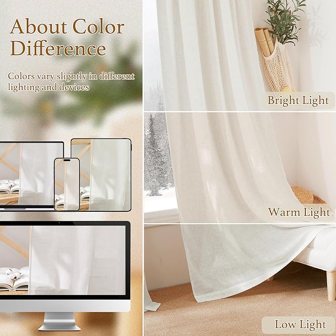 RYB HOME Semi Sheer Curtains - Flax Linen Blend Soft Short Sheer Curtains for Closet, Privacy Protection Light Filtering for Teen Girls&Boys Kids Bedroom Decor, 52/''W x 45/''L, 2 Pcs, Linen