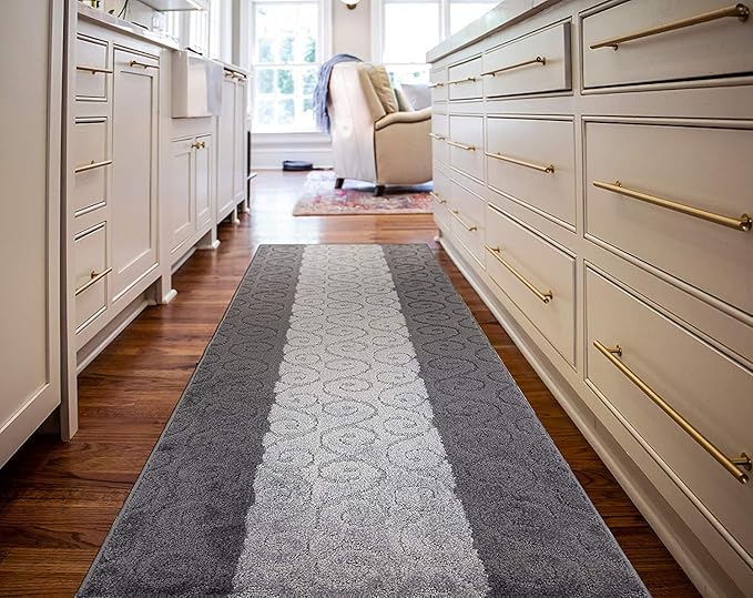 Custom Size Modern Runner Rug Carpet for Hallway Entryway Foyer Kitchen, Slip Resistant Latex Rubber Backed 31 inch Wide X Customized Length, Scroll Grey, 31 inch X 4 feet, Doormat Size
