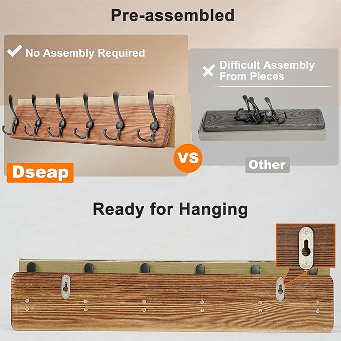 Dseap Coat Rack Wall Mounted - 24" Long 6 Tri Hooks, Heavy Duty Wooden Wall Coat Hanger Coat Hook for Clothes Hat Jacket Clothing, Natural and Black