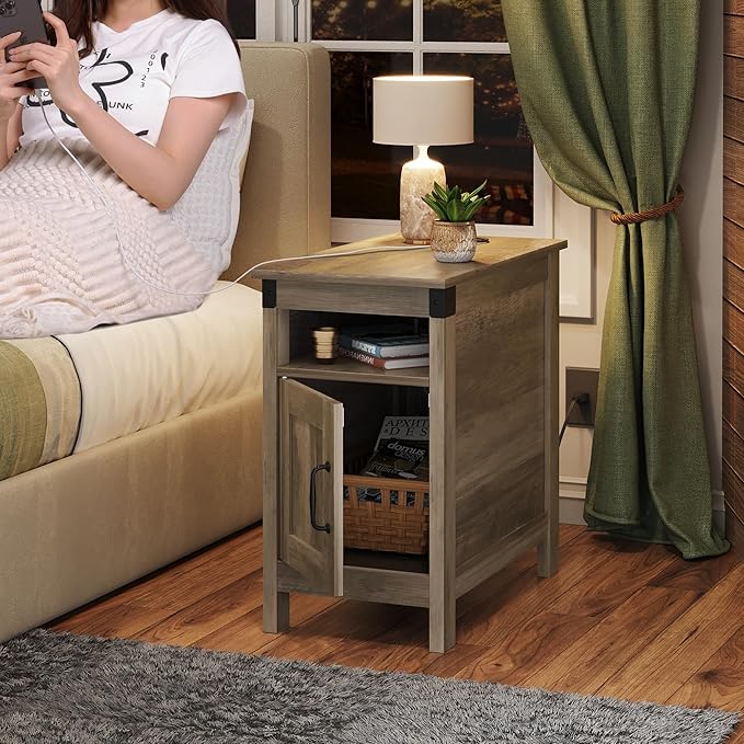 WLIVE Farmhouse End Table with Charging Station, Narrow Side Table for Living Room, Bedroom, Small Nightstand with Storage, USB Ports and Outlets, Small Wooden Cabinet, Greige