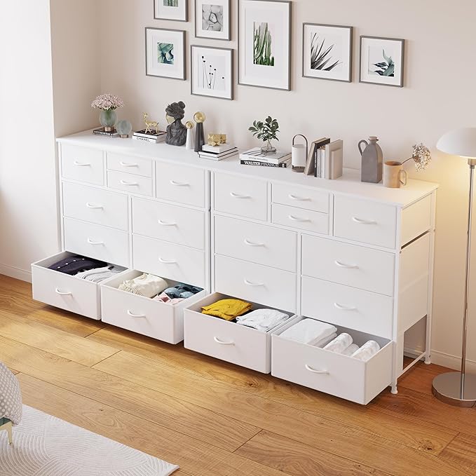 LUMTOK 10-Drawer Dresser, Fabric Storage Dressers Drawers for Bedroom, Hallway, Nursery, Closets, Steel Frame, Wood Top, Easy Pull Handle (White)