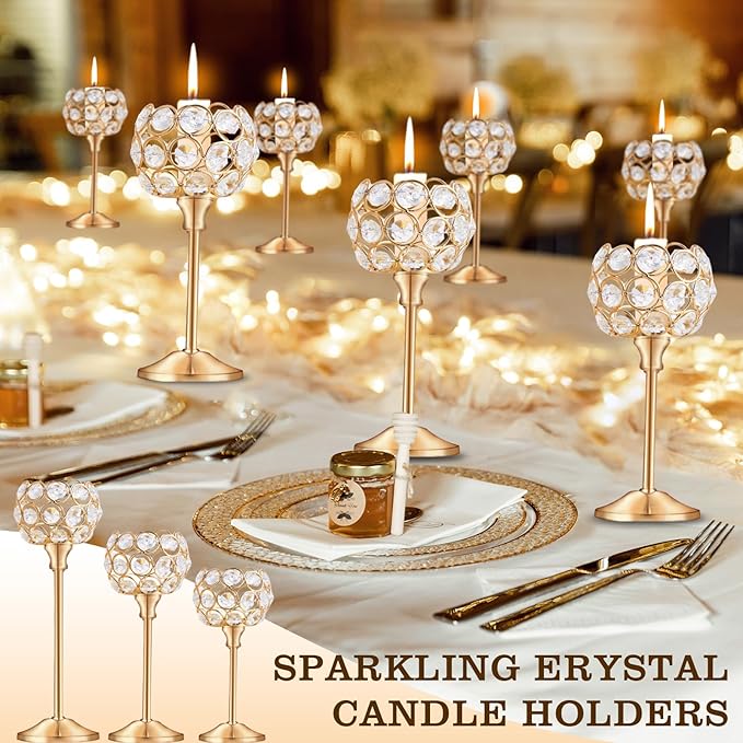 Crystal Candle Holders Set of 16 for Wedding Centerpieces Gold Or Silver Candle Holders Bulk Decorative Tealight Candle Holder for Wedding, Party,Table Centerpieces Decoration (Golden, 4Sets(12 Pcs))