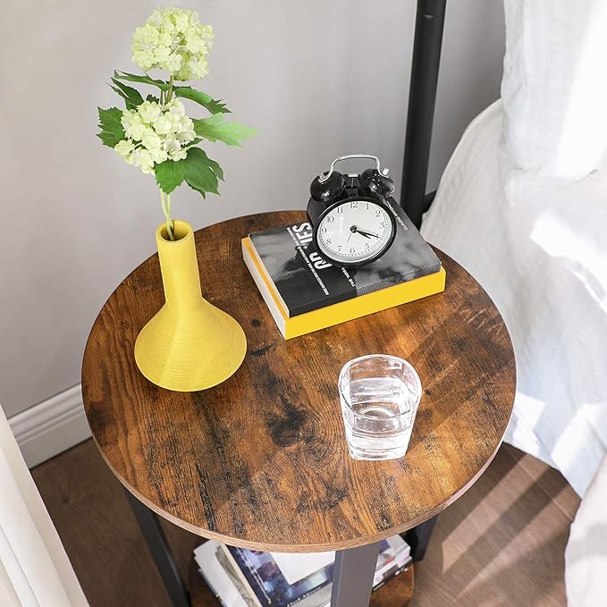 VASAGLE Round Side End Table, 2-Tier Accent Bedside Table with Storage Shelf, Easy Assembly, Nightstand for Small Spaces, Living Room, Bedroom, Rustic Brown and Ink Black ULET57X