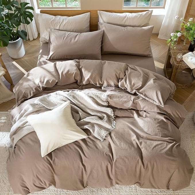 MooMee Bedding Duvet Cover Set 100% Washed Cotton Linen Like Textured Breathable Durable Soft Comfy (Solid Brown, Oversized King Plus 128"x120")