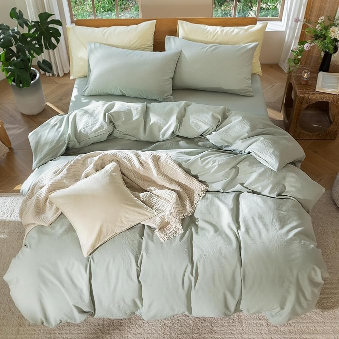 MooMee Bedding Duvet Cover Set 100% Washed Cotton Linen Like Textured Breathable Durable Soft Comfy (Heathered Sage Green, Alaska King 132"x120")