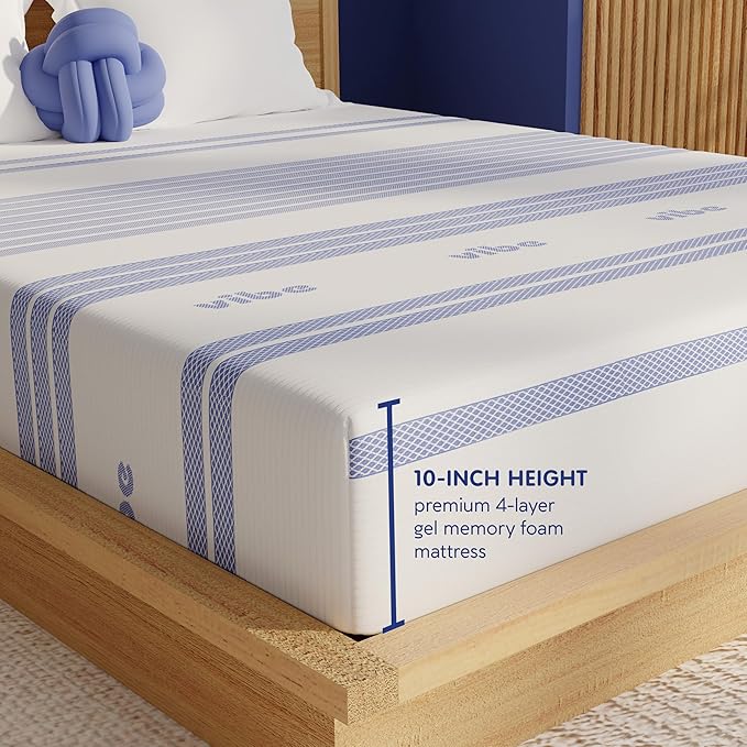 Vibe Gel Memory Foam Mattress, Fiberglass Free 10-Inch CertiPUR-US Certified Bed-in-a-Box, Queen, White