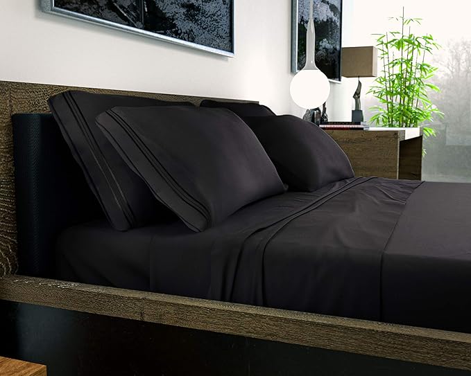 DREAMCARE Queen Sheet Set – 6 pcs Cooling Bed Sheets – up to 21” Deep Pocket Queen Sheets Set – 2500 Supreme Collection – Extra Soft 100% Brushed Microfiber Hotel Luxury with Side Pocket – Black