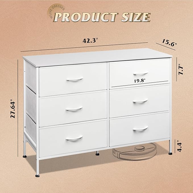 WLIVE Wide Dresser with 6 Drawers, TV Stand for 50" TV, Entertainment Center with Metal Frame, Wooden Top, Fabric Storage Dresser for Bedroom, Hallway, Entryway, White
