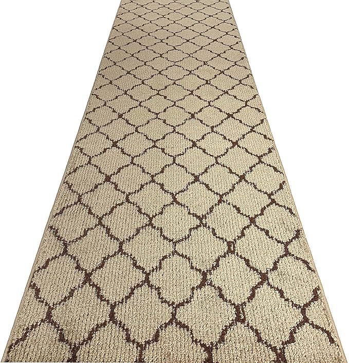 Custom Size Modern Runner Rug Carpet for Hallway Entryway Foyer Kitchen, Slip Resistant Latex Rubber Backed 31 inch Wide X Customized Length, Trellis Beige, 31 inch X 21 feet