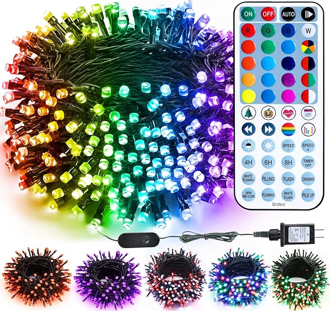 Brizled Christmas String Lights, 33ft 100 LED Color Changing Christmas Lights with Remote, RGB Christmas Tree Light Dimmable Music Plugin Mini Xmas Light Outdoor for Xmas Party Home