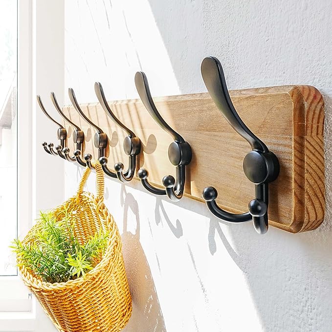 Dseap Coat Rack Wall Mounted - 24" Long 6 Tri Hooks, Heavy Duty Wooden Wall Coat Hanger Coat Hook for Clothes Hat Jacket Clothing, Weathered Brown and Black, Pack of 2