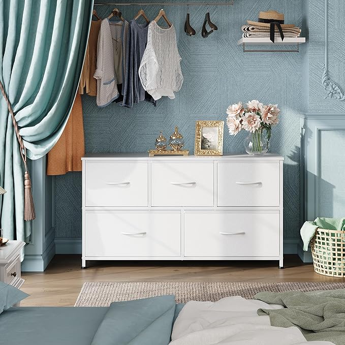WLIVE Dresser for Bedroom with 5 Drawers, Wide Chest of Drawers, Fabric Dresser, Storage Organization Unit with Fabric Bins for Closet, Living Room, Hallway, White