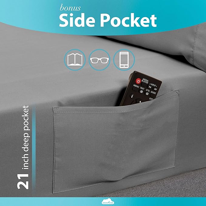 DREAMCARE Twin XL Sheet Sets – 3pcs Cooling Sheets – up to 21” Extra Deep Pocket Twin XL Sheets Set – Hotel Luxury Sheets & Pillowcases – Superior Softness 100% Fine Microfiber with Side Pocket – Gray