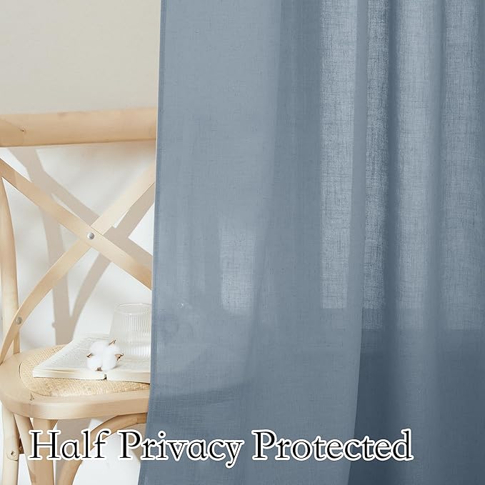 RYB HOME Boho Linen Curtains 90 inches Long, Light Filtering Vertical Texture for Living Room Glass Door Nursery Dining Room, Privacy Assured Natural Fabric Drapes, Dusty Blue, W 60 x L 90, 1 Pc