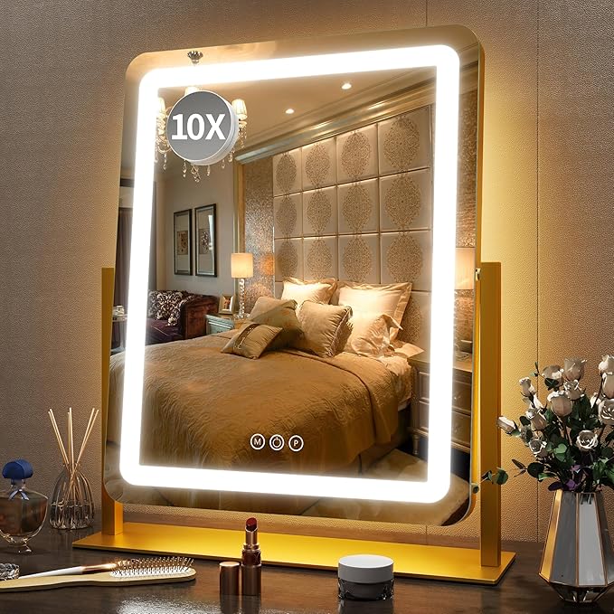 FENNIO Vanity Mirror with Lights 22 Inch- LED Lighted Makeup Mirror,Large Makeup Mirror with Lights,Touch Screen with 3-Color Lighting,Led Mirror Makeup,Dimmable(Gold)