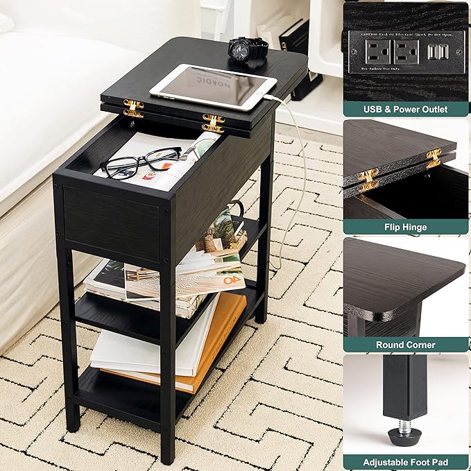 Yoobure End Table with Charging Station, Flip Top Side Table with USB Ports and Outlets, Sofa Couch Table Bedside Table for Living Room Bedroom, Narrow Nightstand with Storage Shelves for Small Space
