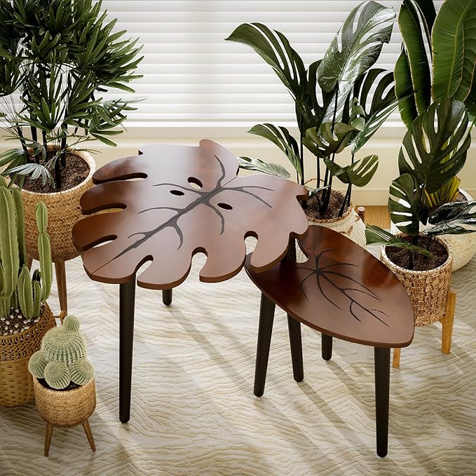 BAMEOS Monstera Leaf Nesting Tables Set of 2, Small Coffee Table Set with Leaf Vein Pattern, Modern Wooden Side Tables for Living Room Bedroom Apartment Balcony Yard