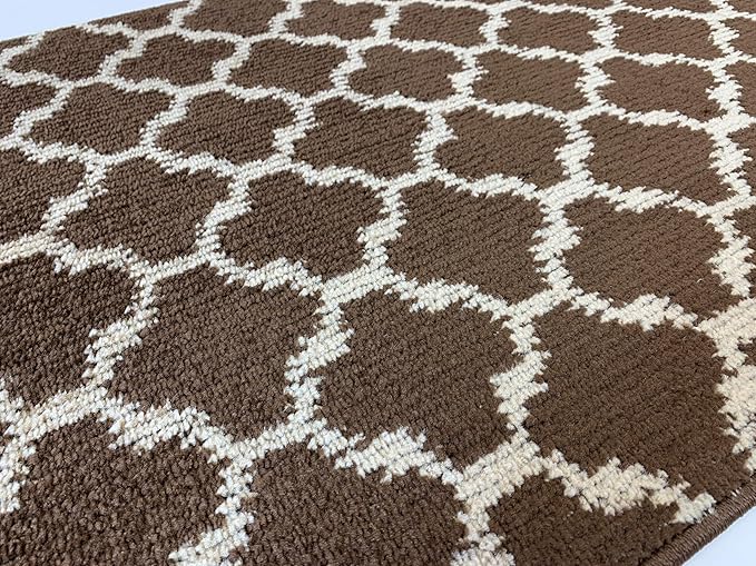 Custom Size Cut to Length Moroccan Trellis Design Runner Rug Mat For Wide Long Hallways with Non-Slip Rubber Backing, Better Traction for Pets, Prevent Slippage, Trellis Brown, 31 inch X 15 feet