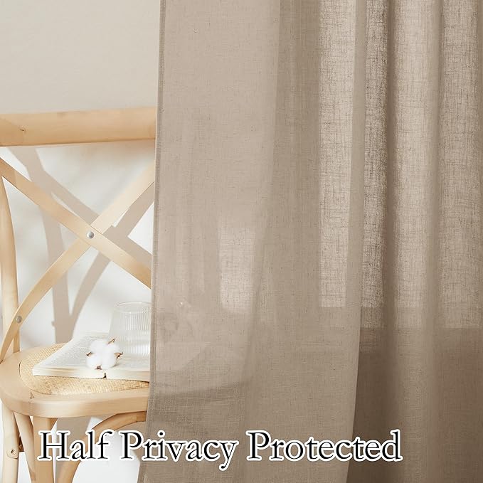 RYB HOME Extra Long Linen Curtains for Dining Room 120 inches Long, Back Tab Farmhouse Light Filtering Privacy Lightweight Floor Sweeping Drapes for Living Room, Khaki, 52" W, 2 Panels