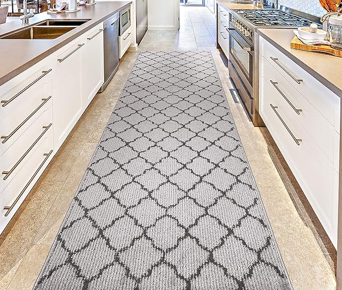 Custom Size Modern Runner Rug Carpet for Hallway Entryway Foyer Kitchen, Slip Resistant Latex Rubber Backed 31 inch Wide X Customized Length, Trellis Grey, 31 inch X 20 feet