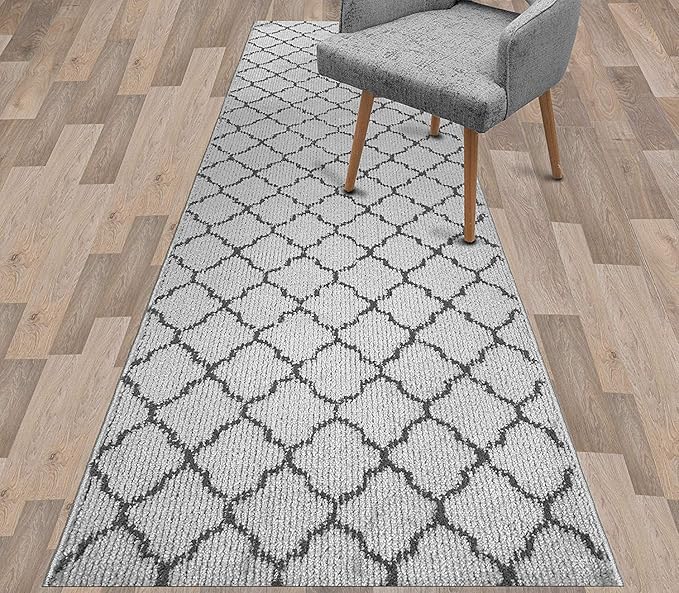 Custom Size Modern Runner Rug Carpet for Hallway Entryway Foyer Kitchen, Slip Resistant Latex Rubber Backed 31 inch Wide X Customized Length, Trellis Grey, 31 inch X 27 feet