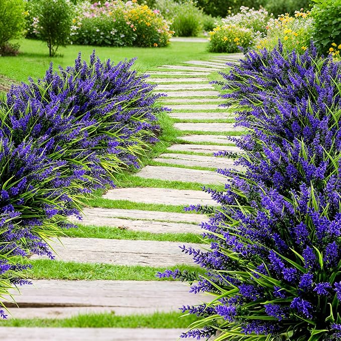 Geegoods 48 Bundles Artificial Plants Flowers Outdoor – Faux Lavender Flowers with Monkey Grass UV Resistant Plastic Faux Plants for Garden Porch Window Patio Hanging Planter Home Decor