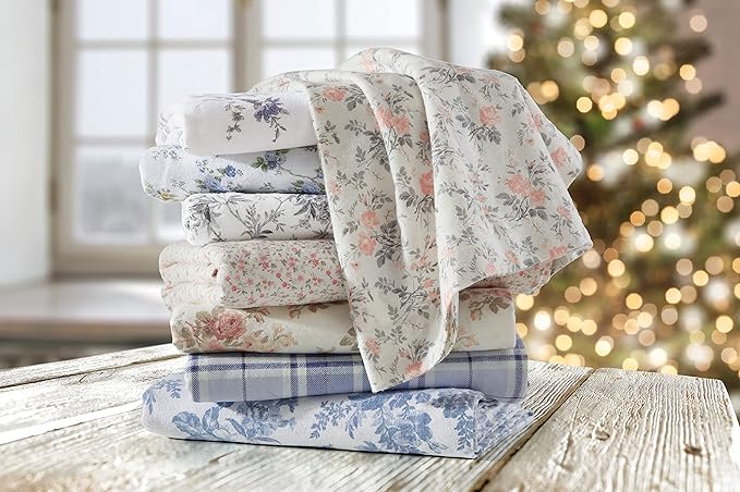 Laura Ashley - Flannel Sheets Full Size, Anti-Pilling & Wrinkle Resistant Cotton, Touchably Soft for All-Season Comfort - Bed Sheets with Matching Pillowcases & Fitted Sheet (Rosalie Grey)