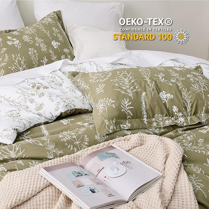 Bedsure California King Comforter Set - Olive Green Bed Set, 3 Pieces Cute Floral Bedding, 1 Soft Reversible Botanical Flowers Comforter and 2 Pillow Shams