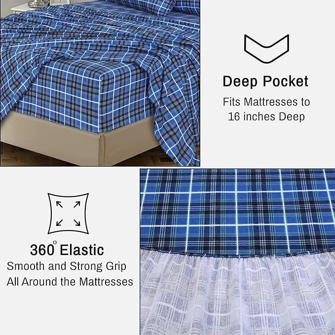 RUVANTI Flannel Sheets Queen Size - 100% Cotton Double Brushed Bed Sheets, Deep Pockets 16 Inches Queen Sheet Set, All Seasons Breathable & Extra Soft - Warm & Cozy, 4 Piece, Blue Plaid