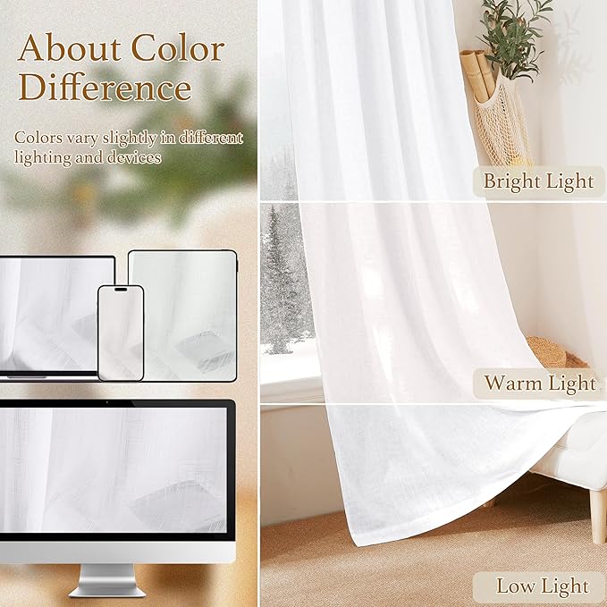 RYB HOME White Sheer Curtains, Extra 66 inches Widith Rod Pocket Light Filtering Breathable Semi Sheer Curtains for Living Room, W 66 x L 84 inches, 2 Panels Set