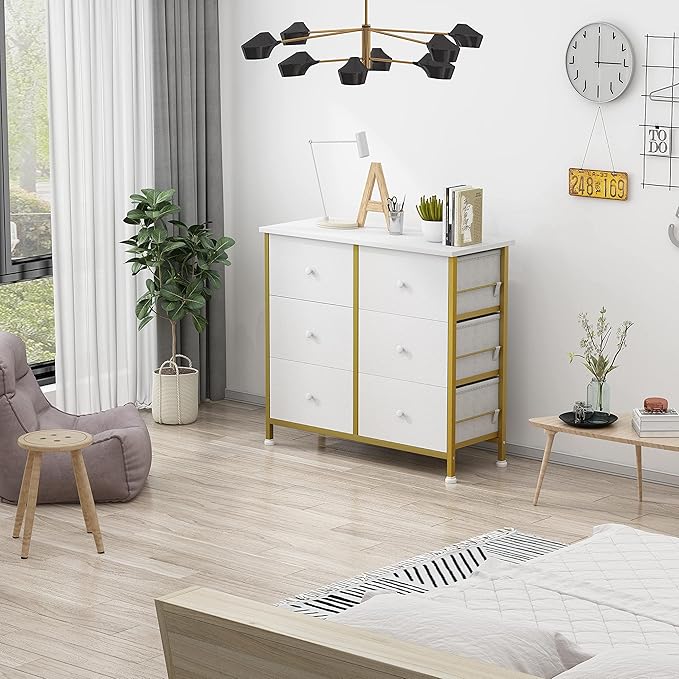 BOLUO White Dresser for Bedroom 6 Drawer Small Dresser Organizers Fabric Storage Chest Tower Dressers Unit for Closet Nursery Hallway Office, Kids and Adult Modern Gold