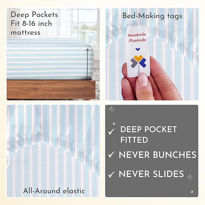 California Design Den Full Size Bed Sheets Set - 400 Thread Count Sateen, Natural 100% Cotton Sheets, Deep Pocket Cooling and Durable Bedding Set - Cape Stripe