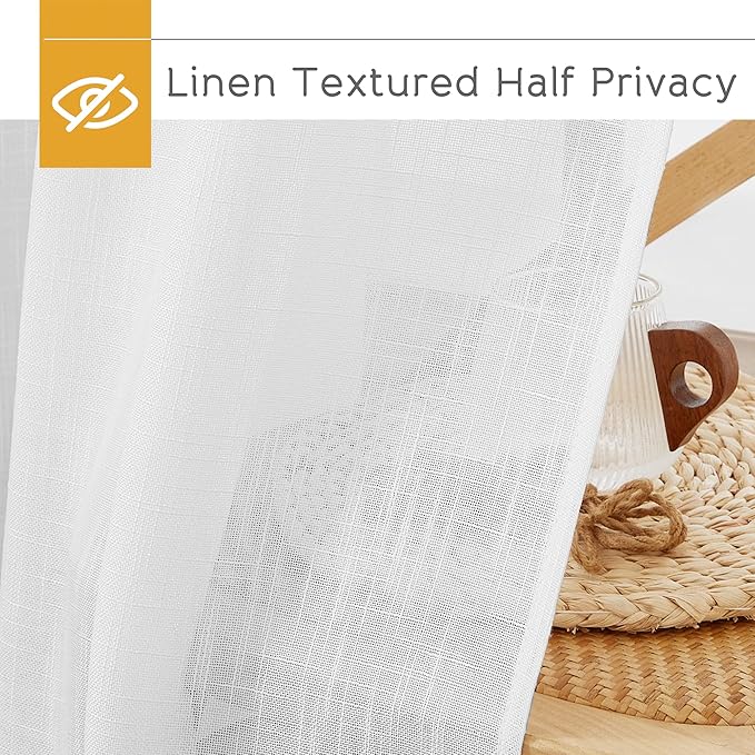 RYB HOME White Curtains for Bedroom Linen Textured Blend Semi Sheer Curtains Privacy Light Airy Sheers for Bathroom Living Room Cafe, White, 70 inch Wide x 63 inch Long, 2 Panels