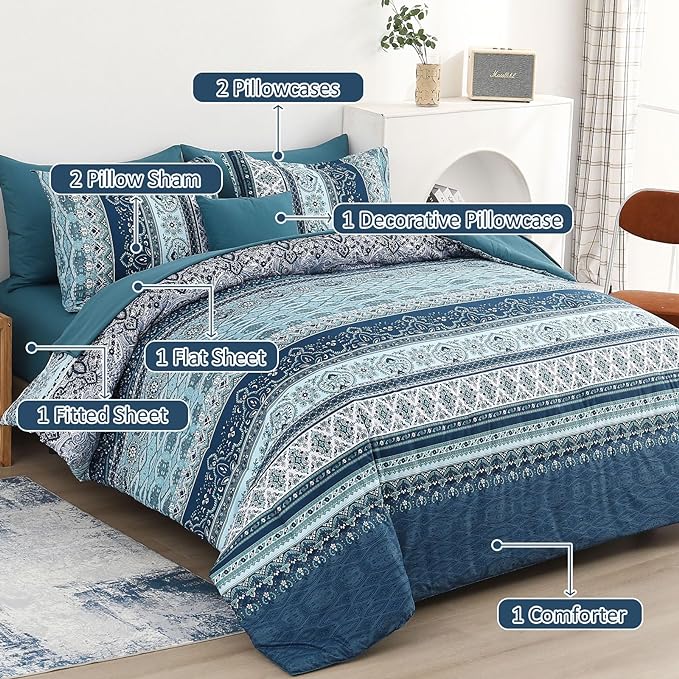 Boho Full Size Comforter Set 8 Pieces, Teal Blue Comforter Bohemian Striped Bed in A Bag, Soft Microfiber Bedding Set for All Seasons