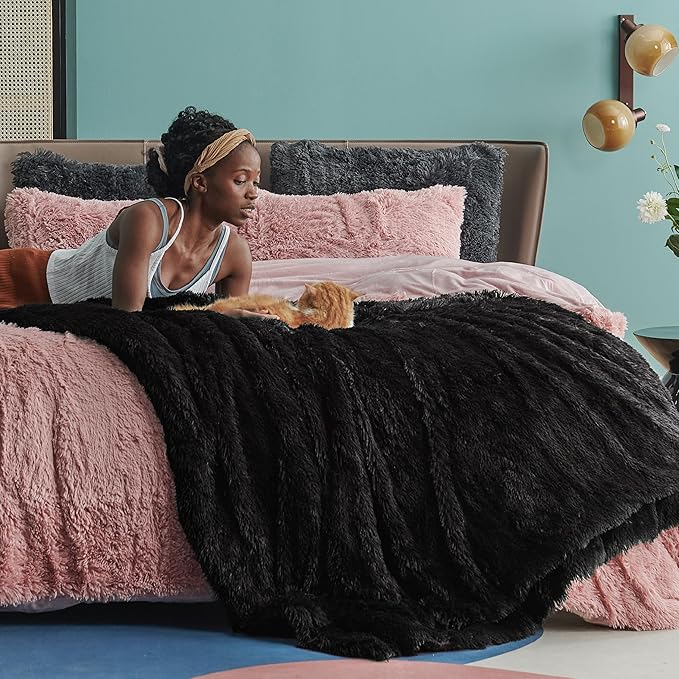 Bedsure GentleSoft Fluffy Black Blankets Queen Size for Bed, Thick Sherpa Faux Fur Fleece Fuzzy Plush Winter Warm Soft Full Queen Blankets, Bedroom Decor Black Gifts Cozy Gifts for Women Men, 90x90