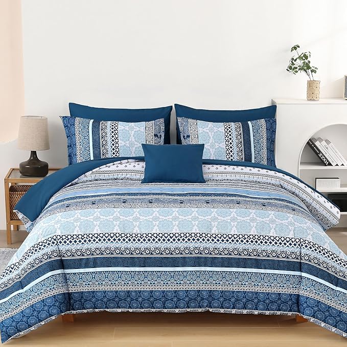 Boho Comforter Set Queen Size,8 Pieces Navy Blue Bohemian Striped Bed in a Bag,Paisley Soft Microfiber Bedding Comforter Set