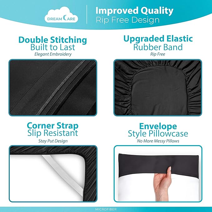 DREAMCARE Queen Sheet Set – 6 pcs Cooling Bed Sheets – up to 21” Deep Pocket Queen Sheets Set – 2500 Supreme Collection – Extra Soft 100% Brushed Microfiber Hotel Luxury with Side Pocket – Black