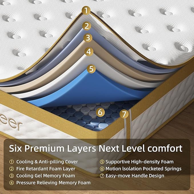 Cooling Gel Memory Foam Hybrid Mattress, 12 Inch Queen Size Mattress in A Box with Pocket Springs for Back Pain & Pressure Relief, Medium Firm Feeling with CertiPUR-US Certified Foam