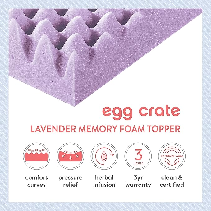 Best Price Mattress 2 Inch Egg Crate Memory Foam Mattress Topper with Soothing Lavender Infusion, CertiPUR-US Certified, Dorm Essentials, Queen