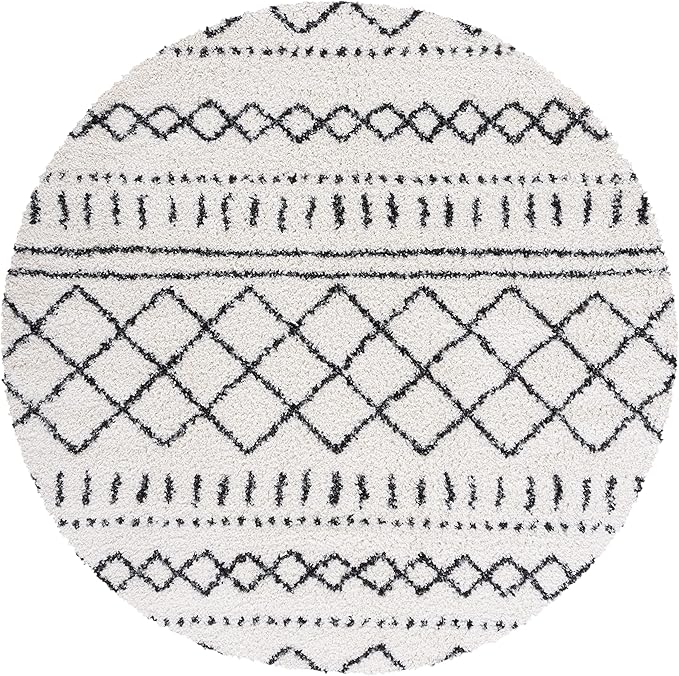 SAFAVIEH Arizona Shag Collection Area Rug - 3'2" Round, Ivory & Black, Moroccan Design, 1.6-inch Thick, Non-Shedding, Ideal for High Traffic Areas in Living Room, Bedroom, Dining (ASG741Z-3R)