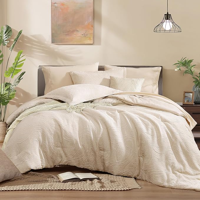 Monbix Queen Comforter Set - 7 Pieces Birch Marble Pattern Bed in a Bag Queen Bedding Sets with Comforter, Sheets, Pillowcases & Shams, Reversible Bedding Comforters Sets