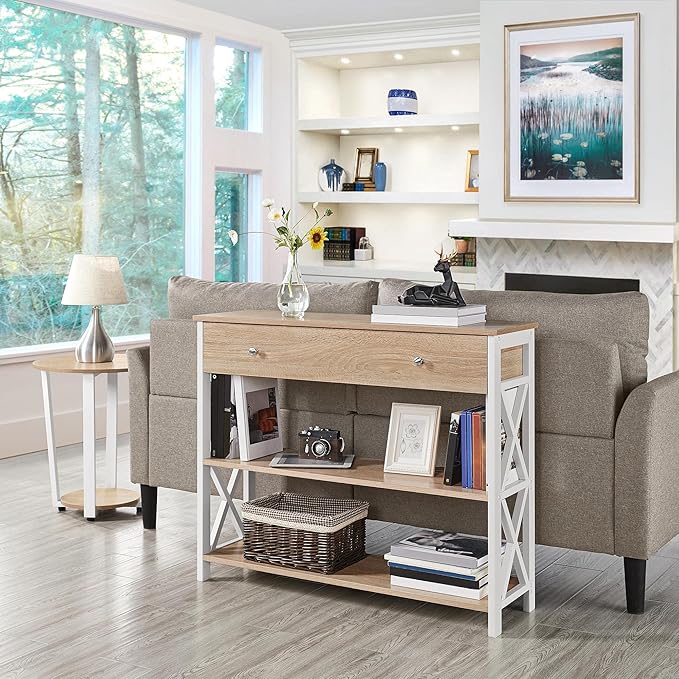 Yaheetech Console Table with Drawer, Narrow Sofa Table with Storage Shelves for Living Room, 3-Tier Entryway Tables with Metal Frame, Light Oak