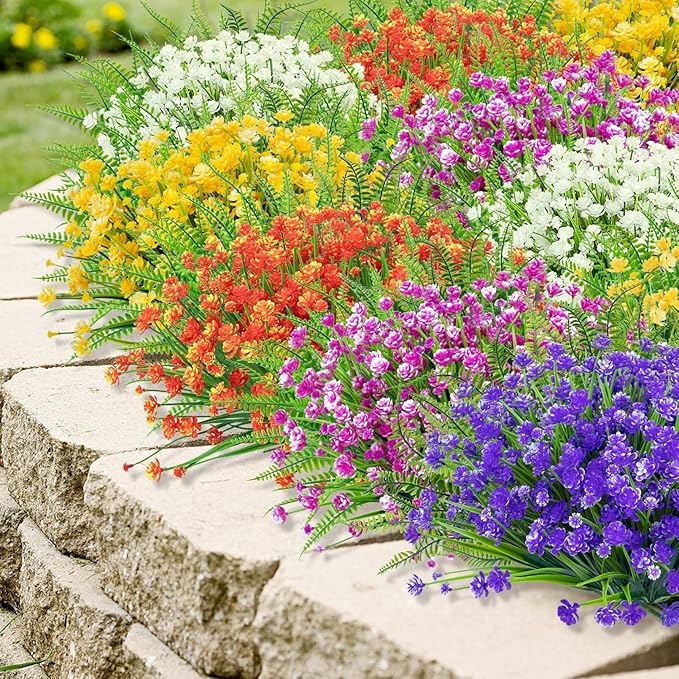 Ouddy Decor 24 Bundles Artificial Flowers for Outdoors UV Resistant Fake Plastic Plants Faux Boston Fern Greenery Stems for Spring Summer Indoor Garden Patio Window Box Kitchen Home Decor, Mixedcolor