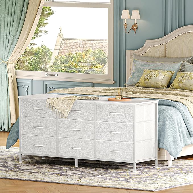 Huuger 9 Drawer Dresser, 47 Inch TV Stand for 50, 55 Inch TV, Entertainment Center with Drawers, Fabric Dresser Chest of Drawer for Bedroom, Closet, PU Leather Surface, White