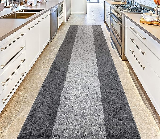 Custom Size Modern Runner Rug Carpet for Hallway Entryway Foyer Kitchen, Slip Resistant Latex Rubber Backed 31 inch Wide X Customized Length, Scroll Grey, 31 inch X 6 feet