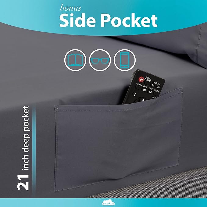 DREAMCARE Queen Sheet Set – 6 pcs Cooling Bed Sheets – up to 21” Deep Pocket Queen Sheets Set – 2500 Supreme Collection – Extra Soft 100% Brushed Microfiber Hotel Luxury with Side Pocket – Gray