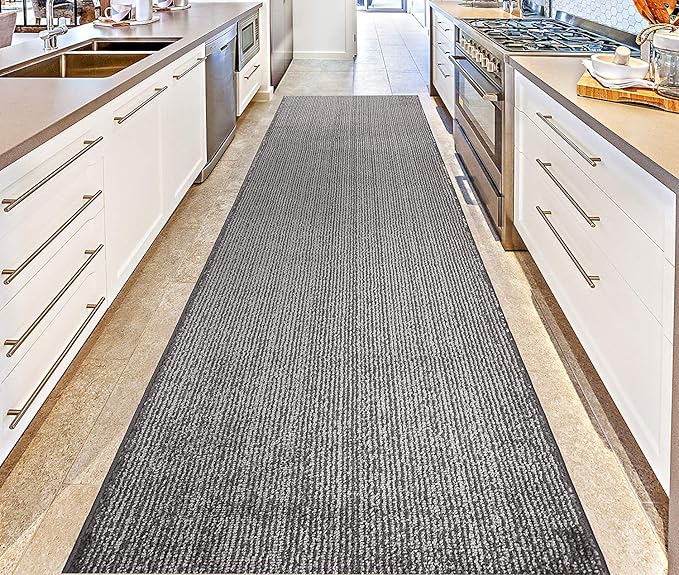 Custom Cut Non-Slip Hallway Runner Rug – 31" Wide, Modern Stripe Grey, 8 Ft Long