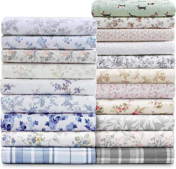 Laura Ashley - Flannel Sheets King Size, Anti-Pilling & Wrinkle Resistant Cotton, Touchably Soft for All-Season Comfort - Bed Sheets with Matching Pillowcases & Fitted Sheet (Audrey Blue)
