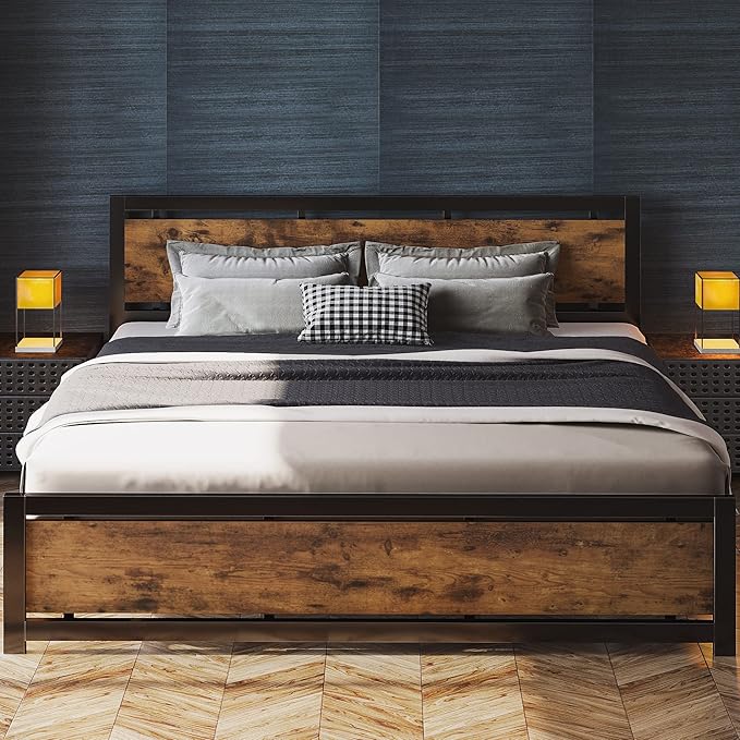 LIKIMIO King Bed Frame with Headboard and Footboard, Metal Strong Supports, Easy Assembly, Noise-Free, No Box Spring Needed, Vintage Brown