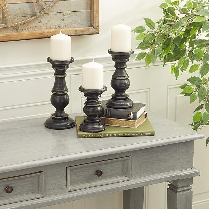 Deco 79 Mango Wood Decorative Candle Holder Distressed Turned Pillar Candle Stand, Set of 3 Candlestick Holder 6", 8", 10"H, Black